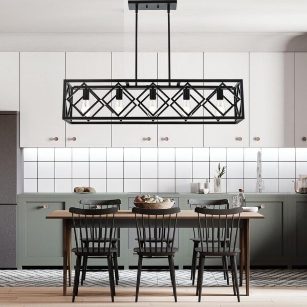 BONLICHT ‎Transitional 5 Light Farmhouse Chandelier Industrial Large Black Kitchen Island Linear Pendant Lights Modern Rectangle Dining Room Lighting Fixtures Hanging Metal Cage Ceiling Lamp for Bar - Image 4