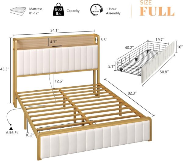 AMERLIFE Full Size Bed Frame with Motion Sensor Light, Upholstered Platform Bed with Integrated Drawer,Storage Headboard/Charging Station/Noise Free/Easy Assembly, Gold & Cream - Image 2