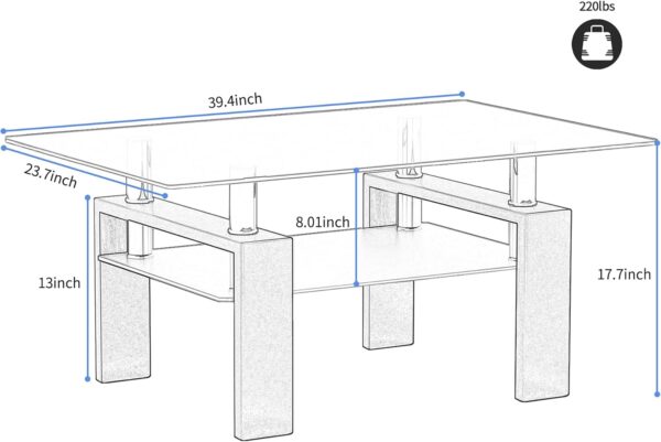 IANIYA Coffee Table with Metal Tube Legs, Glass and Rectangle End Table for Livingroom (Black) - Image 3