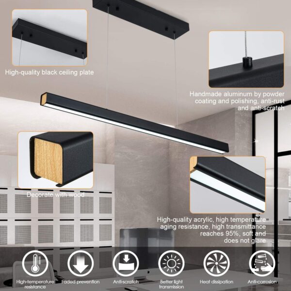 39.37" LED Linear Pendant Light Fixtures, 36W Dimmable Pool Table Light, Modern Island Lights for Kitchen Dining Room Living Room Office Bar, 1440lm, 6000k, Black - Image 7