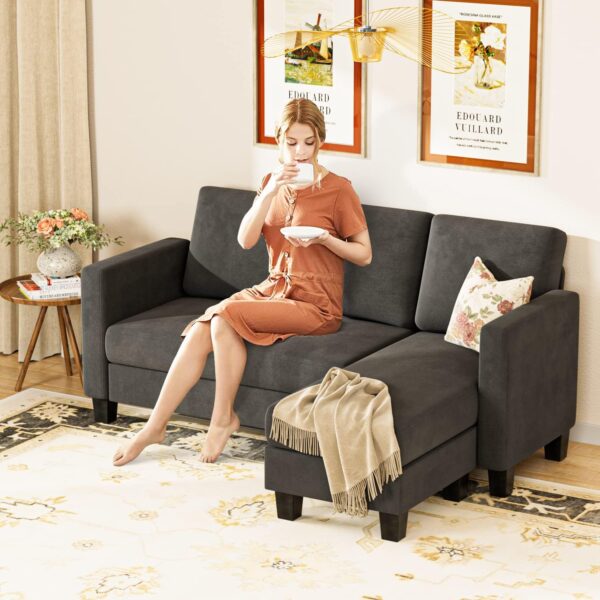 Convertible Sectional Sofa Couch, L-Shaped 3 Seat with Linen Fabric and Movable Ottoman, for Small Apartments, Living Room and Office, Dark Gray - Image 5