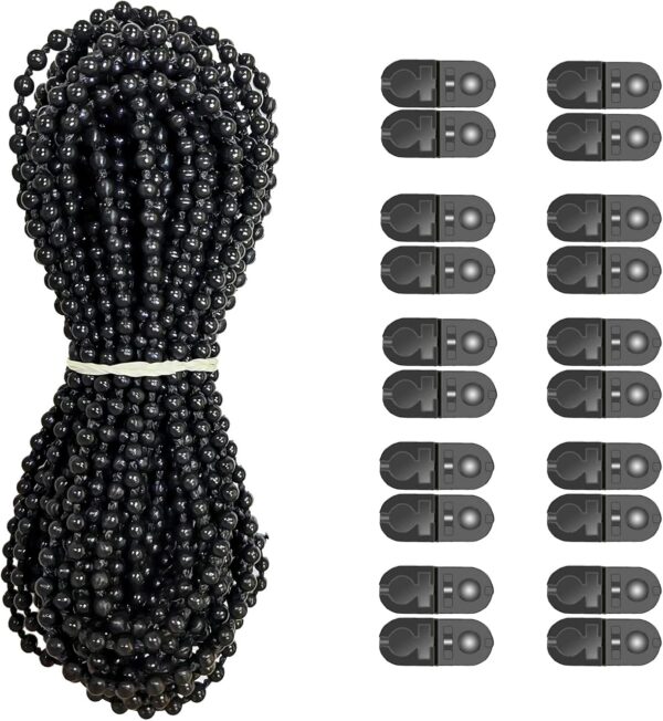 Plastic 10 Meters Blinds Beaded Chain Cord - Vertical Roman Roller Shade Blind Ball Chain Repair with 10 pcs Connector Clips Thickened Version (Black)