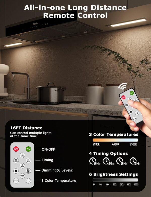 56LED Under Cabinet Lighting Wireless w/Remote, 11.8'' Motion Sensor Light Indoor Rechargeable Under Cabinet Lights, Magnetic Closet Lights Battery Operated, Under Counter Lights for Kitchen (6) - Image 2