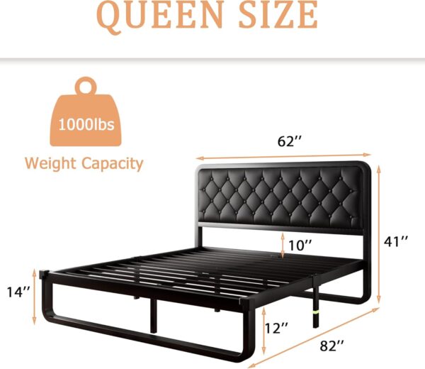 iPormis Queen Size Metal Bed Frame with Faux Leather Headboard, Curved Platform Bed Frame, Thicker Metal Steel Slats Support, 12'' Under-Bed Space, Noise-Free, Easy Assembly, Black - Image 2