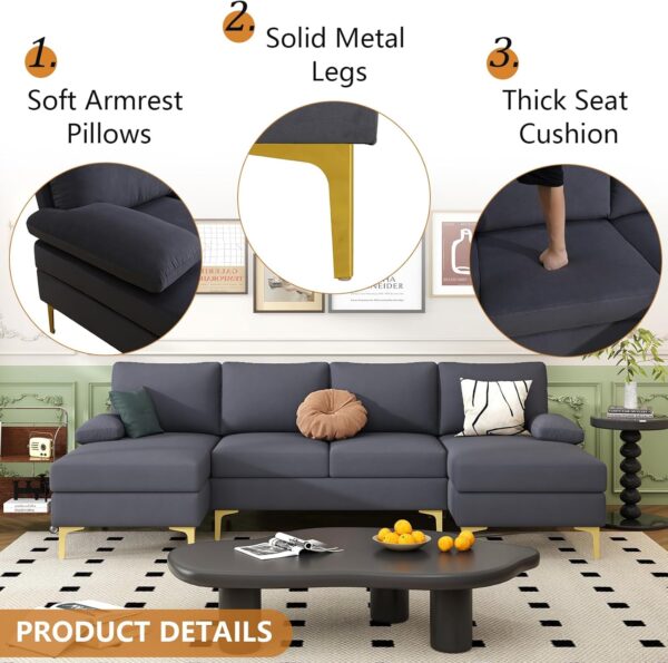 Modular Sectional Sofa Couch for Living Room, U Shaped Convertible Lounge Sofa with Loveseat & Double Chaise, 4 Seater Comfy Fabric Couch Set for Home Office (Gray) - Image 3