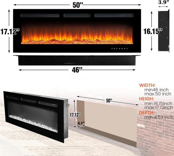 oneinmil Electric Fireplace, 50 inch Wide Recessed/Wall Mounted Electric Fireplace, Remote Control with Timer 12 Adjustable Color Flame, Remote Control,with Crystal Stone, 750/1500W - Image 7