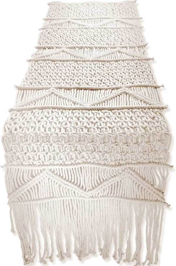 SnugLife Macrame Table Runner (112" x 13") Long | Boho Table Runner | Wedding Table Decor | Vintage Farmhouse and Bohemian Dining Room Style | Off White