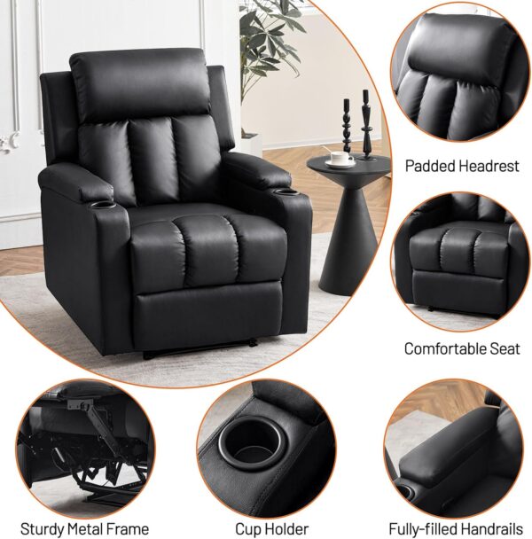 Furniliving PU Leather Recliner Chair, Modern Sofa Chair Recliner Chairs for Adults Home Theater Seating Single Sofa with Lumbar Support Overstuffed Sponge Lounge Chair Indoor Living Room (Black) - Image 2