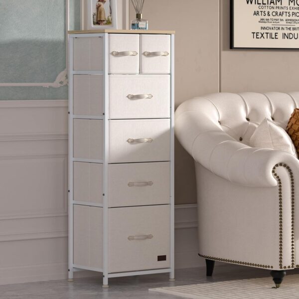Fabric Dresser, 6-Drawer Tall Dresser for Bedroom, Vertical Dressers & Chests of Drawers with Wooden Top Metal Frame for Clothes, Kids Room, Living Room, Hallway, Entryway (White)