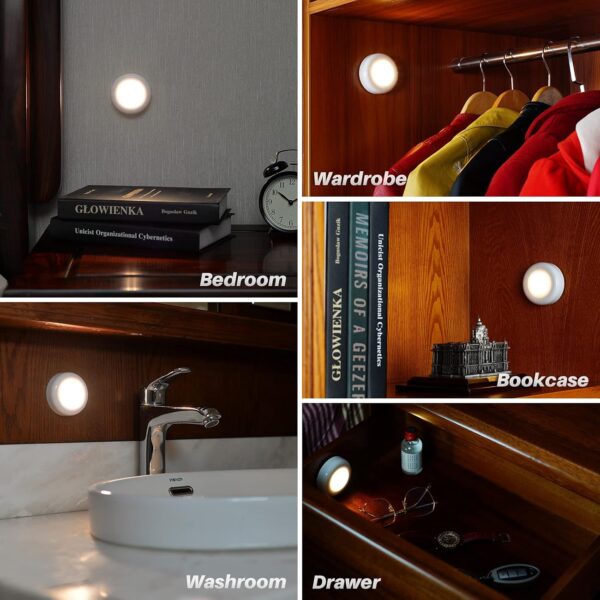 STAR-SPANGLED Tap Light Push Lights Mini Night Touch Light LED Puck Lights Portable Under Cabinet Lighting Battery Operated Powered DIY Stick On Lights Closet Counter Kitchen Warm White 5Pack - Image 5