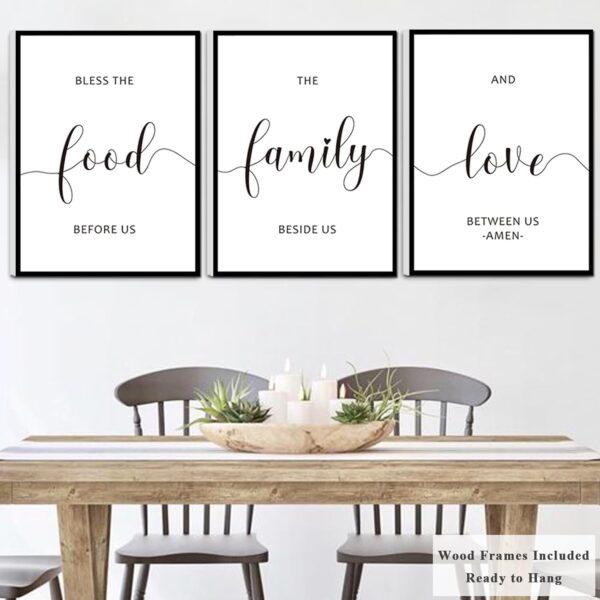 Framed Bless The Food Before Us Wall Decor, 36" x 16" Canvas Kitchen Wall Art for Dining Room Wall Decor(12x16 inches, Set of 3, Framed, Black) - Image 3