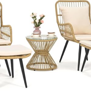Pamapic Outdoor Patio Bistro Set with Ottoman 5 Piece Rattan Wicker Conversation Chair Sets Balcony Furniture Chairs for Yard Garden Porch Backyard Poolside, Beige