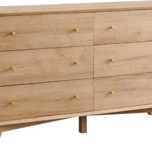 T4TREAM 6 Drawer Dresser, 54" Wide Mid Century Modern Chest of Drawers, Beveled Profile Design, Dresser TV Stand, Wood Drawer Organizer for Bedroom, Living Room, Hallway, Natural Oak