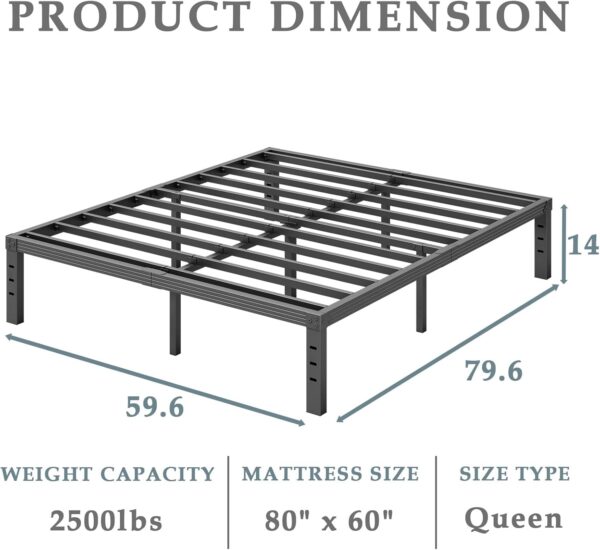 Bed-Frame-Queen, 14 Inch Metal Platform Bed-Frame No Box Spring Needed, Heavy Duty, Easy Assembly, Noise Free, Black - Image 2