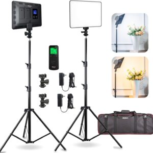 VILTROX 2-Packs VL-200T LED Video Photography Lighting Kit, LED Light Panel with Stand, Bi-Color Dimmable Photo Video Lighting for YouTube Video Shooting, with Wireless Remote, AC Adapter & Carry Bag