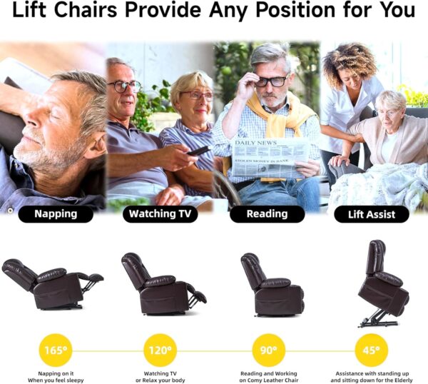 Large Power Lift Chairs Recliners for Elderly with Heated and Massage, Overstuffed Adjustable Lift Chairs, 3 Positions, Breathable Leather, USB-A and USB-C, Cup Holder, Side Pocket, Dark Brown - Image 5