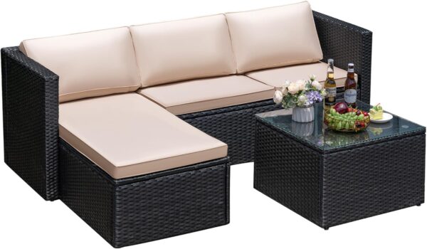 Greesum 3 Piece Patio Furniture Set Outdoor Wicker Rattan Sectional Sofa with Adjustable Seat, Soft Cushions & Coffee Table for Yard, Garden, Porch, Poolside, Beige - Image 3