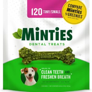 Minties Dental Chews for Dogs, 120 Count, Vet-Recommended Mint-Flavored Dental Treats for Tiny/Small Dogs 5-24 lbs, Dental Bones Clean Teeth, Fight Bad Breath, and Removes Plaque and Tartar
