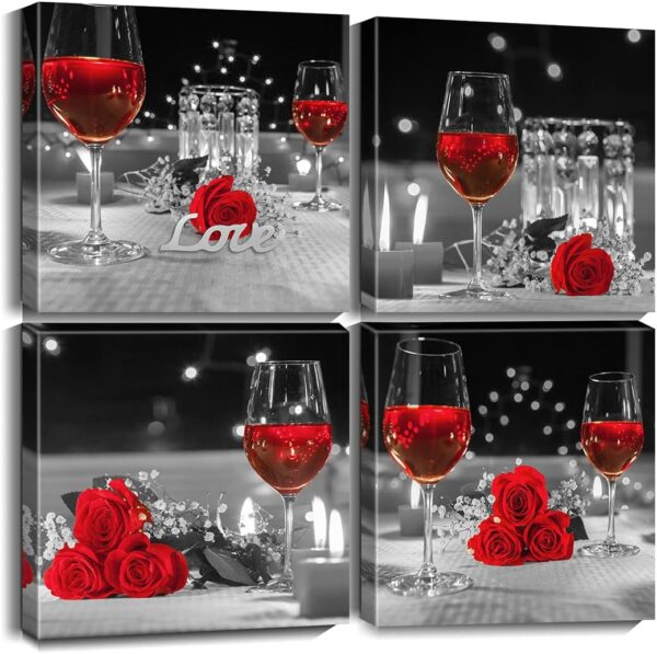 Biufo Kitchen Canvas Wall Art Prints Black and White Wine Rose Floral Painting Picture for Dining Room Restaurant Wall Decor (12"x12"-4Pcs, Red)