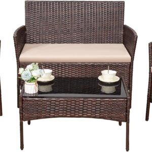Devoko 4 Pieces Outdoor Patio Furniture Set, PE Rattan Wicker Chairs Balcony Lawn Porch Patio Furniture Sets with Beige Cushion and Table (Brown)