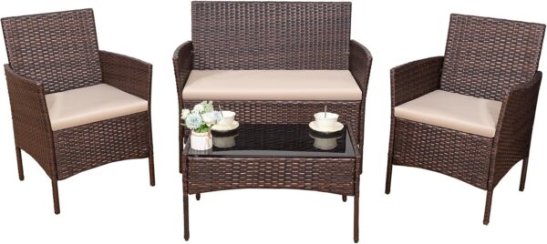 Devoko 4 Pieces Outdoor Patio Furniture Set, PE Rattan Wicker Chairs Balcony Lawn Porch Patio Furniture Sets with Beige Cushion and Table (Brown)