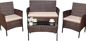 Devoko 4 Pieces Outdoor Patio Furniture Set, PE Rattan Wicker Chairs Balcony Lawn Porch Patio Furniture Sets with Beige Cushion and Table (Brown)