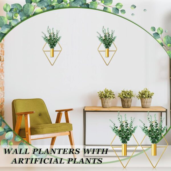 2 Pieces Wall Decor Hanging Planters with Artificial Plants Metal Hanging Vase Indoor Plants Holder Modern Geometric Wall Art for Home Bedroom Living Room Office(Eucalyptus,Gold) - Image 4