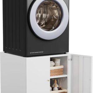 Laundry Pedestal with Door and Adjustable Shelf White Washer and Dryer Stand with Storage Metal Washing Machine Cabinet, 23.62" Large Countertop, 23.62" Height