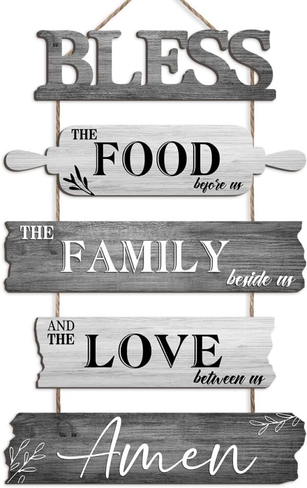 Pigort Kitchen Wall Decor Bless the Food Before Us Dining Room Wall Decor - Farmhouse Wall Art For Kitchen Dining Room- Wooden Rustic 5pcs Roped Sign 12x18 Inches (Grey)