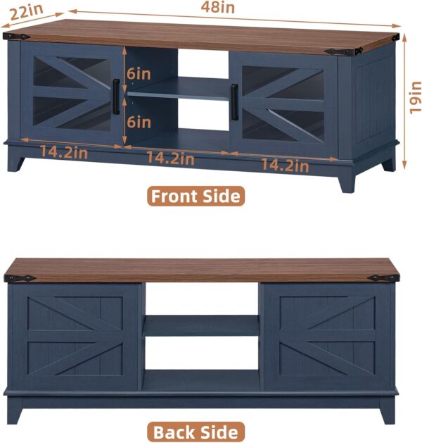 48" Farmhouse Coffee Table with Storage and Glass Sliding Barn Doors Modern Industrial Center Table with Adjustable Shelves Rustic Rectangular Table for Living Room, Blue-Double Sided Design - Image 2