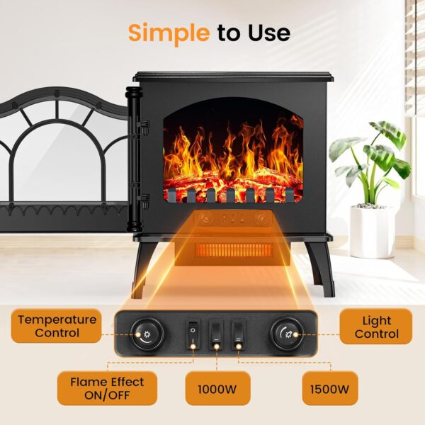 Joy Pebble Electric Fireplace Heater, 20'' Infrared Fireplace Heater 1000/1500W, 3D Realistic Flames Effect, ETL Certificated & Low Noise, Adjustable Flame Brightness, Overheating Protection - Image 3