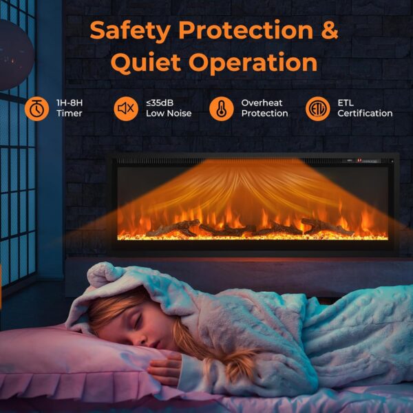 GOFLAME 50 Inch Electric Fireplace Recessed/Wall Mounted/Freestanding, Linear Electric Fireplace Heater Insert with Remote Control, Adjustable Flame Color & Brightness, Thermostat, Timer, 750W/1500W - Image 6
