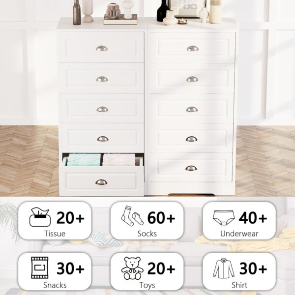 Meilocar Dresser with 5 Drawers, Wood Chest of Drawers, 47in Vertical White Dresser Storage Tower, 5 Drawer Dresser for Living Room, Bedroom, Hallway (White) - Image 4