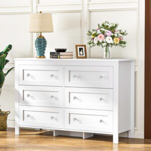 HAIOOU 6 Drawer Double Dresser, White Modern Chest of Drawers with Deep Drawers, Charging Station and Crystal/Black Handles, Wooden Drawer Storage Organizer Cabinet for Bedroom, Living Room