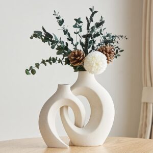 White Ceramic Vase Set of 2 for Modern Home Decor, Round Boho Donut Vase for Pampas Grass, Neutral Minimalist Vase for Dining Room Table Centerpiece , Living Room, Wedding Decoration
