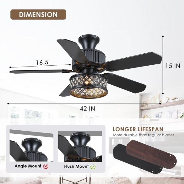 Danilong 42" Ceiling Fans with Lights and Remote, Retro Low Profile Flush Mount Ceiling Fans with Crystal Cage, 6 Speeds Reversible Dual Finish Wooden Blades Fandelier for Kitchen Bedroom Dining Room - Image 5