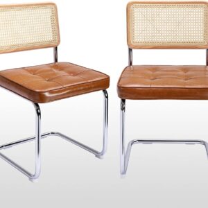 Zesthouse Mid-Century Modern Dining Chairs, Upholstered Tufted Faux Leather Accent Chairs Rattan Dining Chairs Set of 2, Armless Mesh Back Cane Chairs with Metal Chrome Legs, Brown