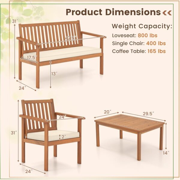 Tangkula 4 Piece Patio Wood Furniture Set, Acacia Wood Sofa Set w/Loveseat, 2 Chairs & Coffee Table, Soft Seat Cushions, Outdoor Wood Furniture Set for Porch, Yard, Balcony (Off White) - Image 5