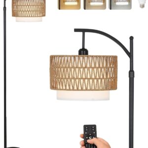 Arc Floor Lamp for Living Room with 3 Color Temperatures, Farmhouse Floor Lamps with Remote & Dimmable Bulb, Boho Standing Lamp with Rattan & Fabric Shades, Adjustable Tall Lamp for Bedroom, Office