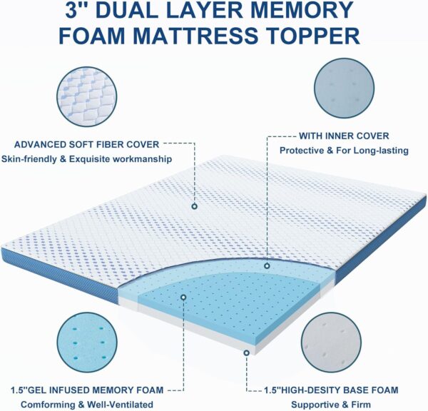 Maxzzz 3 Inch Queen Memory Foam Mattress Topper, High Density Frim Gel Bed Mattress Topper with Removable Washable Cover, Certipur-Us & Oeko-Tex Certified - Image 3