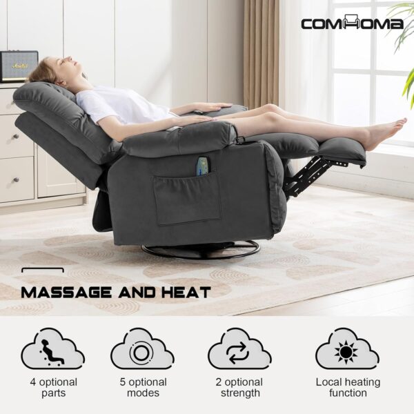 COMHOMA Recliner Chair, Swivel Rocker Recliner with Cup Holders, Heat and Massage, Fabric Recliners Sofa for Living Room (Grey) - Image 7