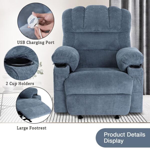 Massage Chair Recliner with Heat&USB,Comfotable Lazy Boy Recliner Chair with Cup Holder&2 Side Pockets,Manual Recliner Chair for Adults,Bread-Shaped,Heavy Duty,Fabric (Blue) - Image 7