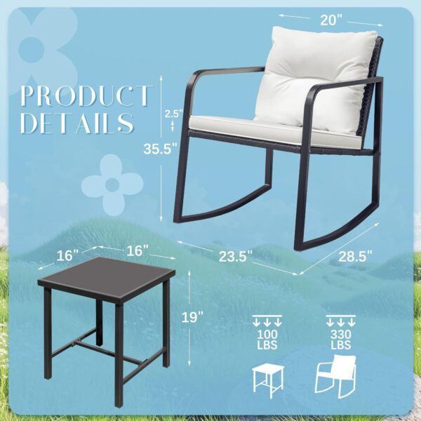 Flamaker Patio Chairs 3 Piece Wicker Rocking Chair Outdoor Bistro Sets with Coffee Table and Cushions Metal Frame Patio Furniture for Porch, Balcony, Lawn (White) - Image 6