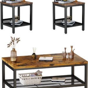 AWQM 3 Pieces Coffee Table Set, Industrial Coffee Table with 2 Square End Side Tables, Modern Living Room Table Set with Metal Frame for Apartment Home Office, Rustic Brown