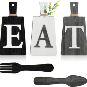 Jetec Cutting Board Eat Sign Set Hanging Art Kitchen Eat Sign Fork and Spoon Wall Decor Rustic Primitive Country Farmhouse Kitchen Decor for Kitchen and Home Decoration (Black, White, Gray)