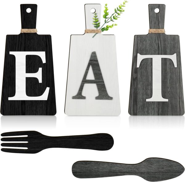 Jetec Cutting Board Eat Sign Set Hanging Art Kitchen Eat Sign Fork and Spoon Wall Decor Rustic Primitive Country Farmhouse Kitchen Decor for Kitchen and Home Decoration (Black, White, Gray)