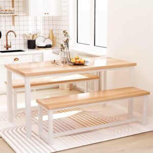 Dining Room Table Set with 2 Benches, Farmhouse Dining Table Set for 4-6, Wood Breakfast Table Set Dinner Table Set Kitchen Table and Chairs for Breakfast Nook Small Spaces, Beige