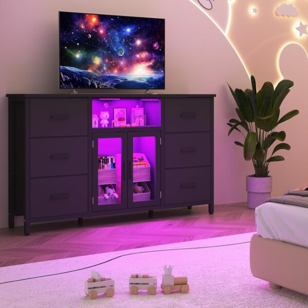 Dresser,Black Dresser for Bedroom Dresser TV Stand with Charging Station for 60" TV Long 6 Drawer Dresser for Bedroom with LED Light Large Fabric Dresser Organizer Unit Tall Chest of Drawers for Kids - Image 4