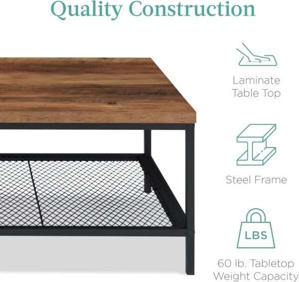 Best Choice Products 44in Modern Coffee Table, Large 2-Tier Industrial Rectangular Wood Grain Top Coffee Table, Accent Furniture for Living Room w/Mesh Shelf, Metal Frame - Gray - Image 6