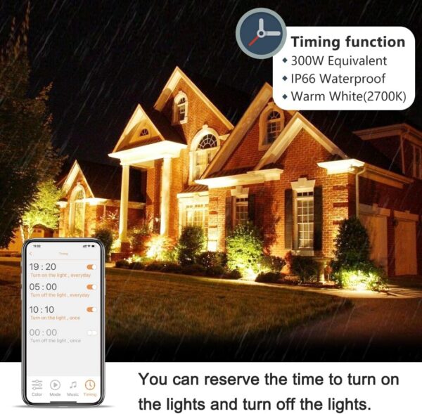 Led Flood Light 300W Equivalent 3000 LM, Outdoor Color Changing Led Stage Landscape Lights, Bluetooth RGBW Smart Floodlights 2700K & 16 Million Colors&Timing& Music Sync, IP66，US 3-Plug (2 Pack) - Image 3